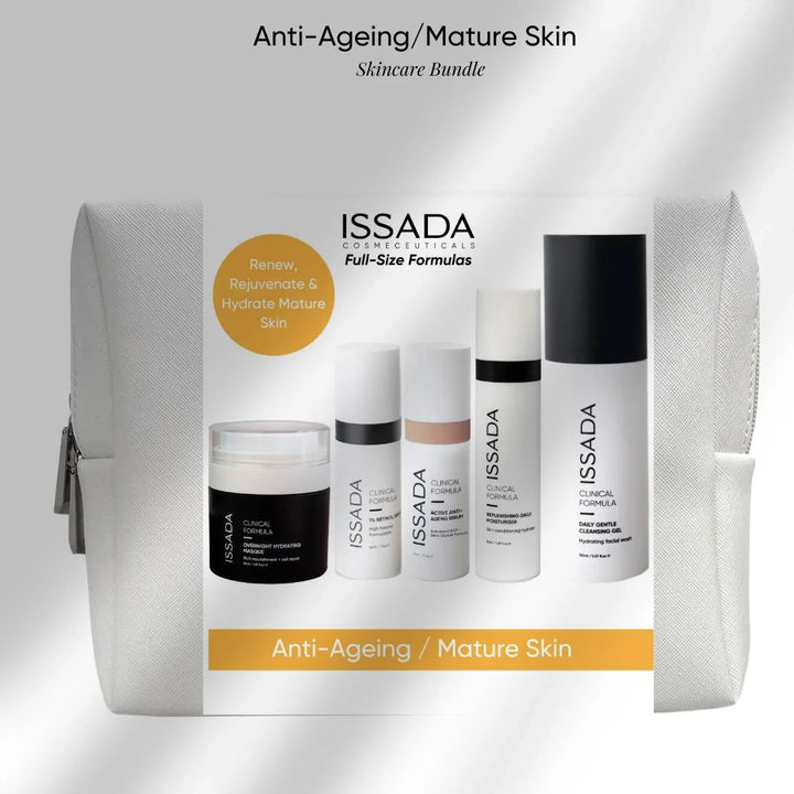 ISSADA skincare bundle for anti-ageing and mature skin with a gray bag on a light gray background