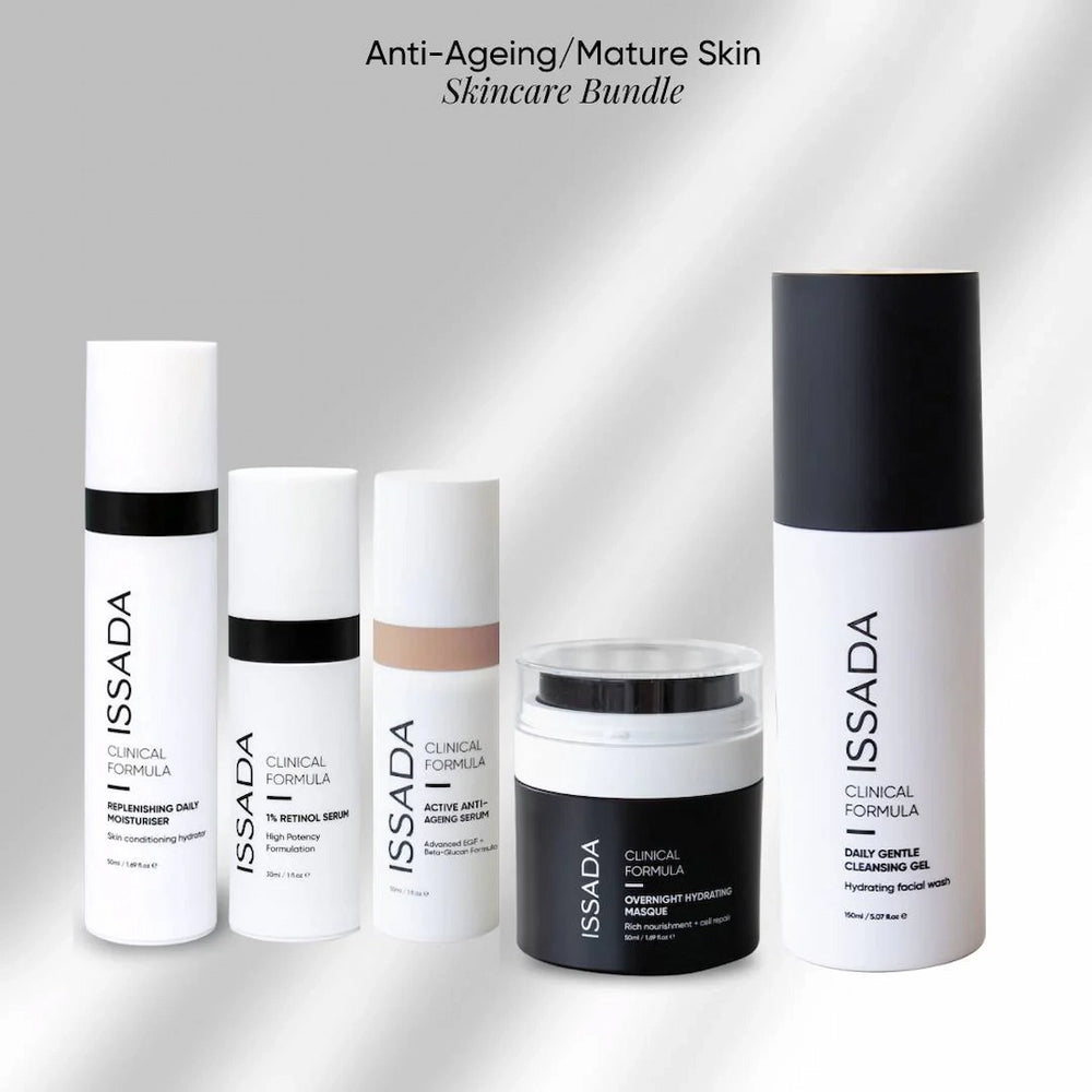 Set of ISSADA skincare products on a white background for anti-ageing or mature skin