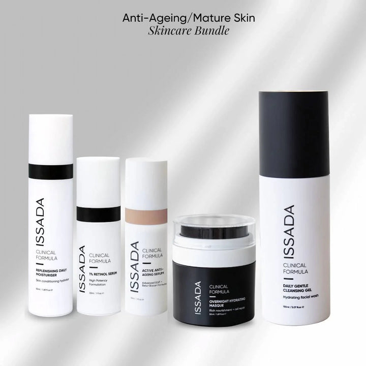Set of ISSADA skincare products on a white background for anti-ageing or mature skin