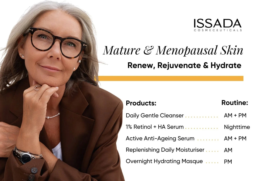 Skincare routine for mature and menopausal skin featuring ISSADA products