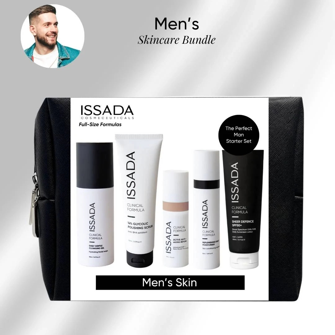 ISSADA Men’s skincare bundle with full-size formulas including daily cleanser, glycolic scrub, anti-ageing serum, moisturiser, and SPF in a black travel bag.
