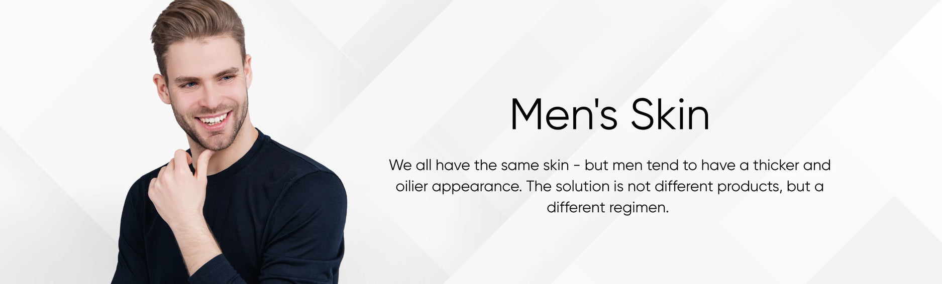 Man with clear skin on desktop banner promoting men’s skincare for thicker and oilier skin