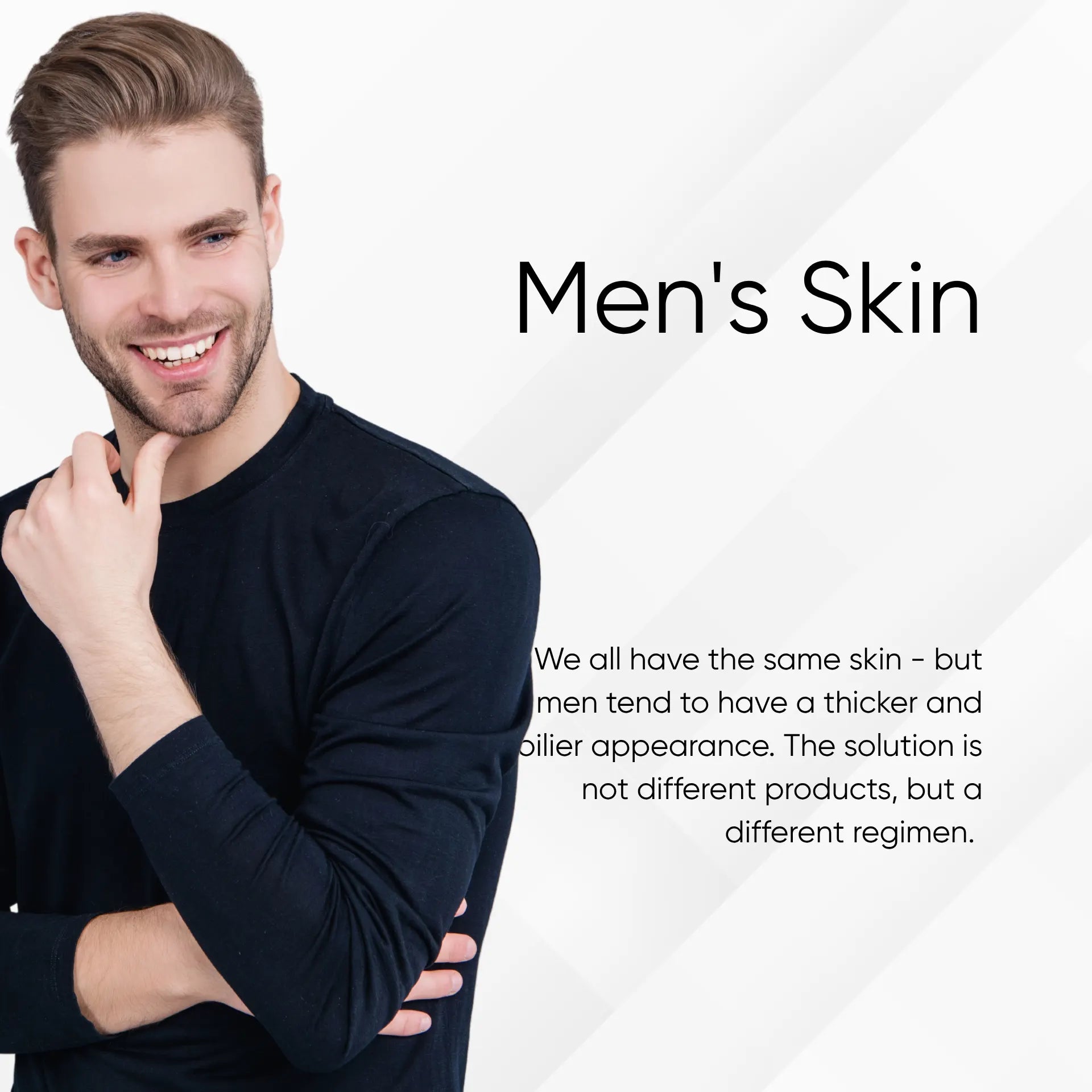 Man with a beard wearing a black shirt on a white background with text about men's skin care.