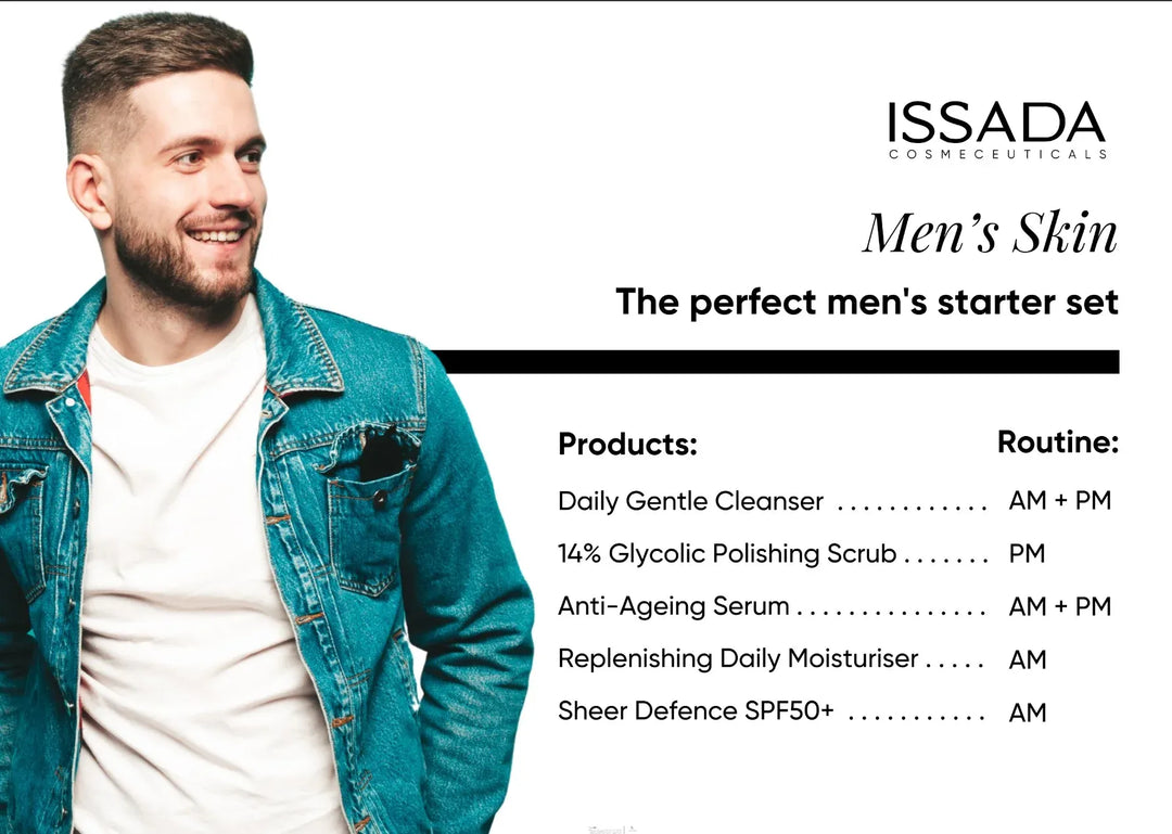 Smiling man wearing a denim jacket beside Issada Men’s Skincare Starter Set routine chart featuring cleanser, scrub, serum, moisturiser, and SPF.