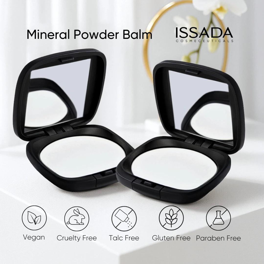 Mineral Powder Balm compact featuring vegan, cruelty-free, talc-free, gluten-free and paraben-free claims