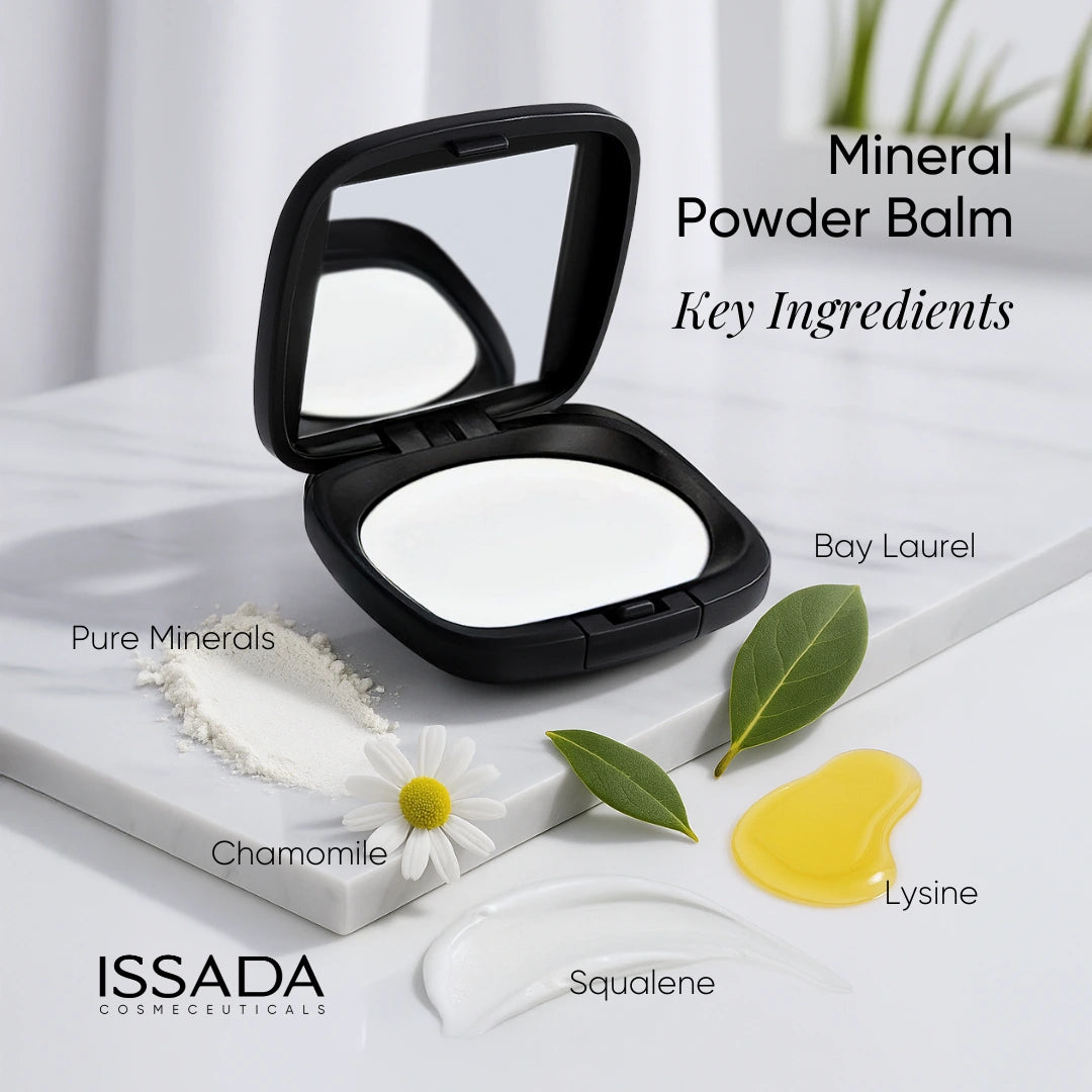 Mineral Powder Balm compact surrounded by mineral and botanical ingredients for skin-friendly coverage