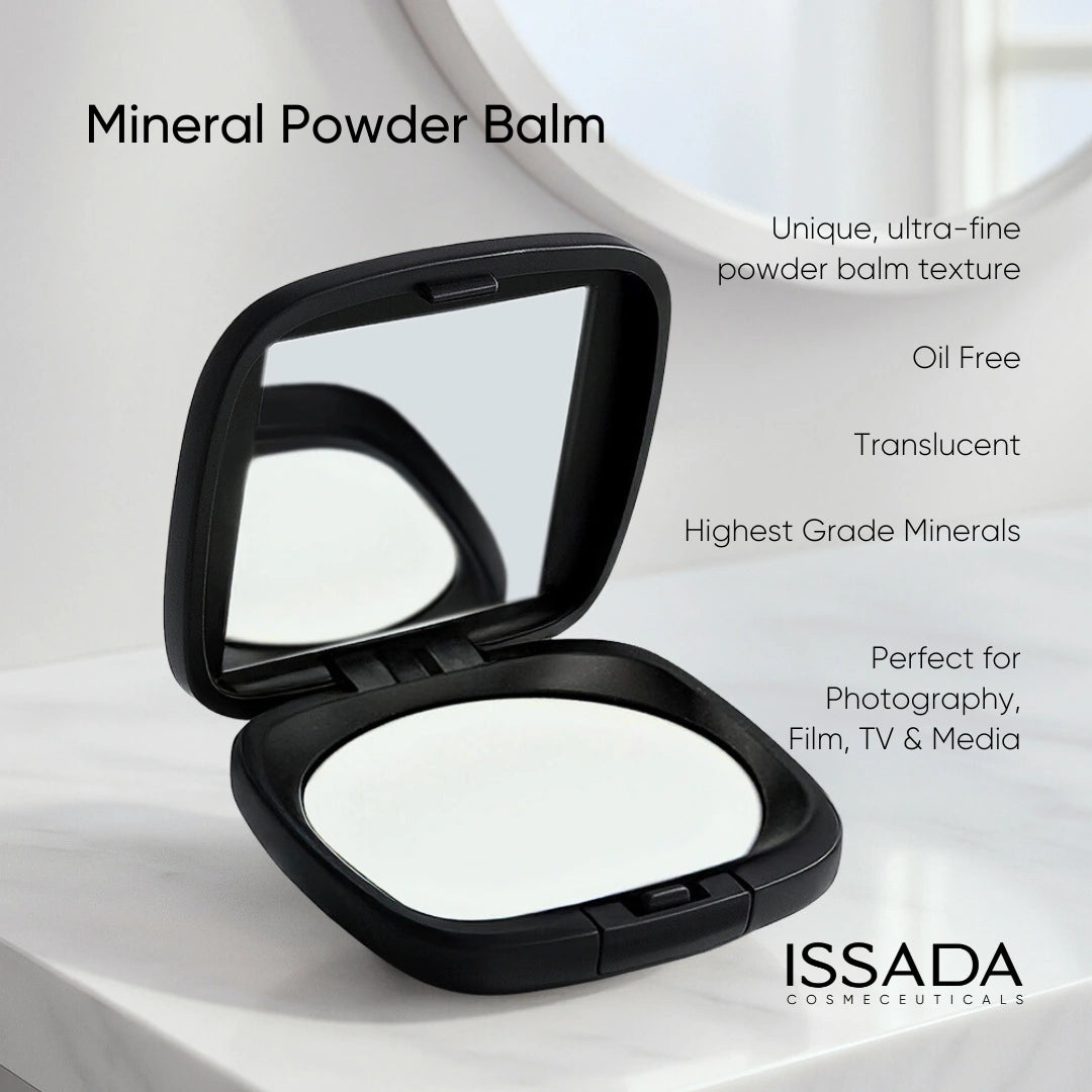 Mineral Powder Balm compact showcasing non-comedogenic, oil-free and mattifying key benefits