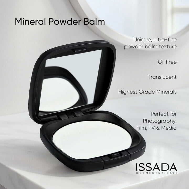 Mineral Powder Balm compact showcasing non-comedogenic, oil-free and mattifying key benefits