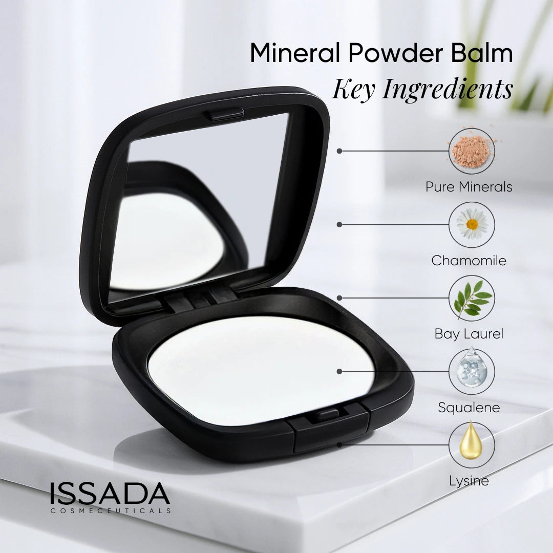 Mineral Powder Balm compact with pure minerals, chamomile, bay laurel, squalene and lysine ingredients