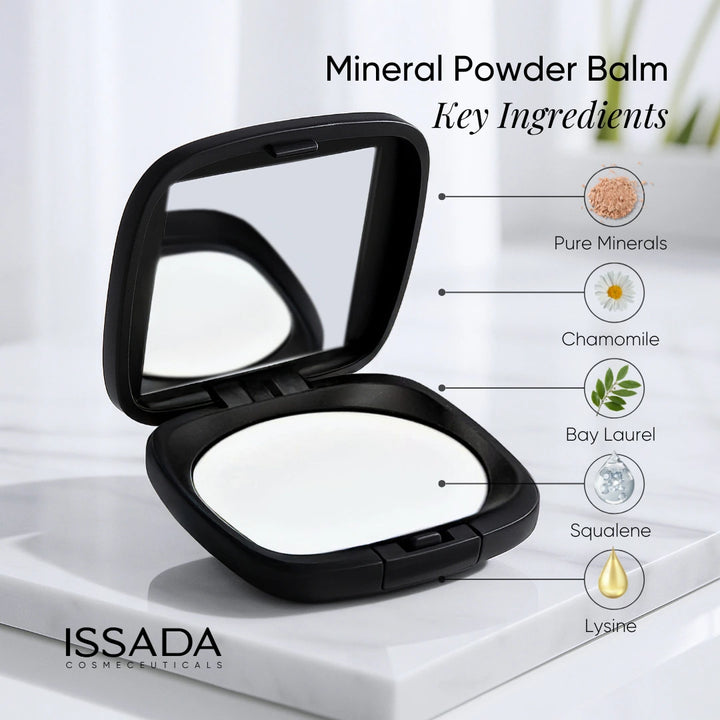 Mineral Powder Balm compact with pure minerals, chamomile, bay laurel, squalene and lysine ingredients