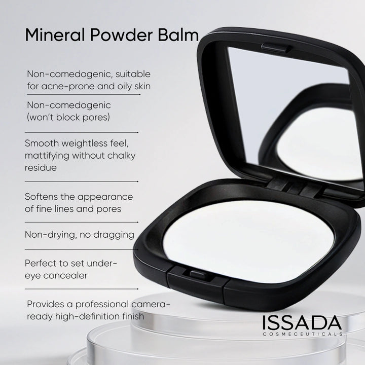 Mineral Powder Balm compact highlighting smooth weightless feel, pore-blurring and camera-ready finish