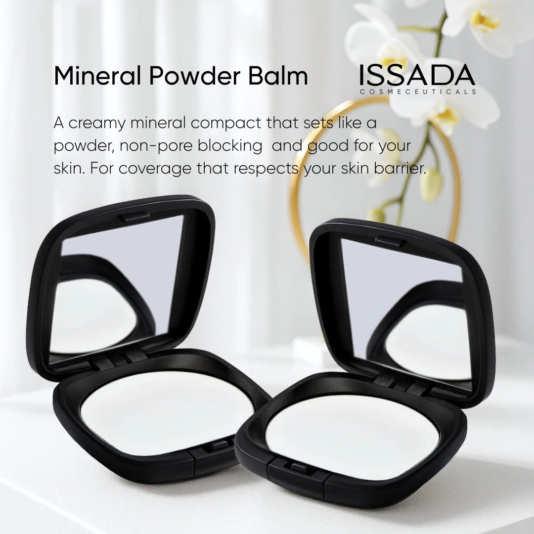 Mineral Powder Balm compact displayed in a clean studio setting highlighting oil-free mineral finish