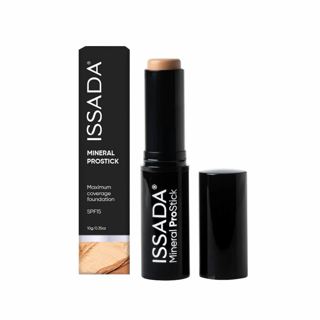 ISSADA Mineral ProStick foundation with packaging on a white background