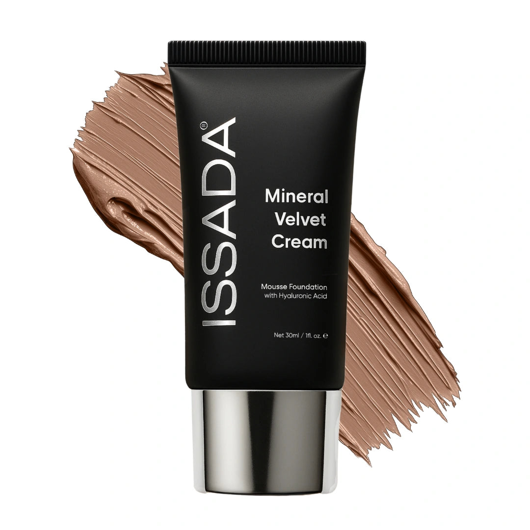 ISSADA Mineral Velvet Cream foundation barcelona shade tube with swatch on a white background