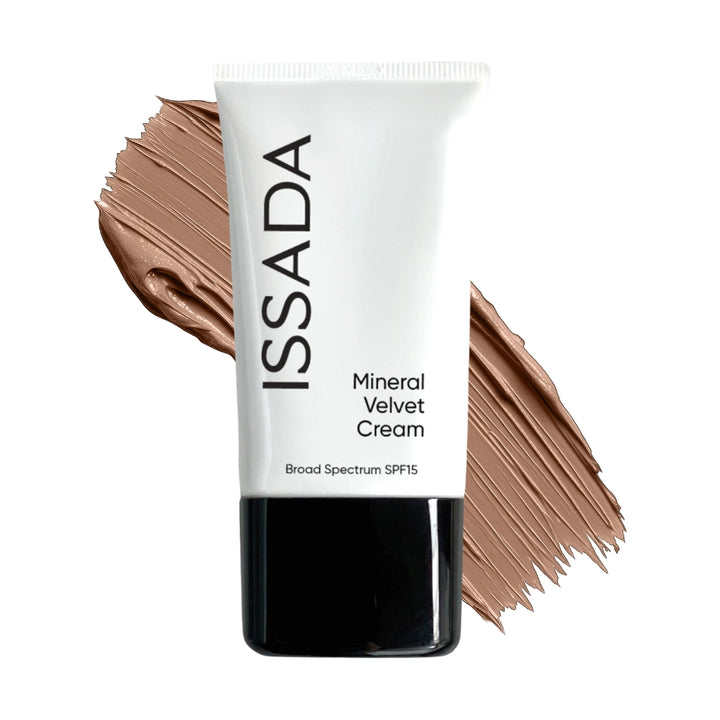 Tube of Issada Mineral Velvet Cream in  Barcelona shade with swatches on a white background