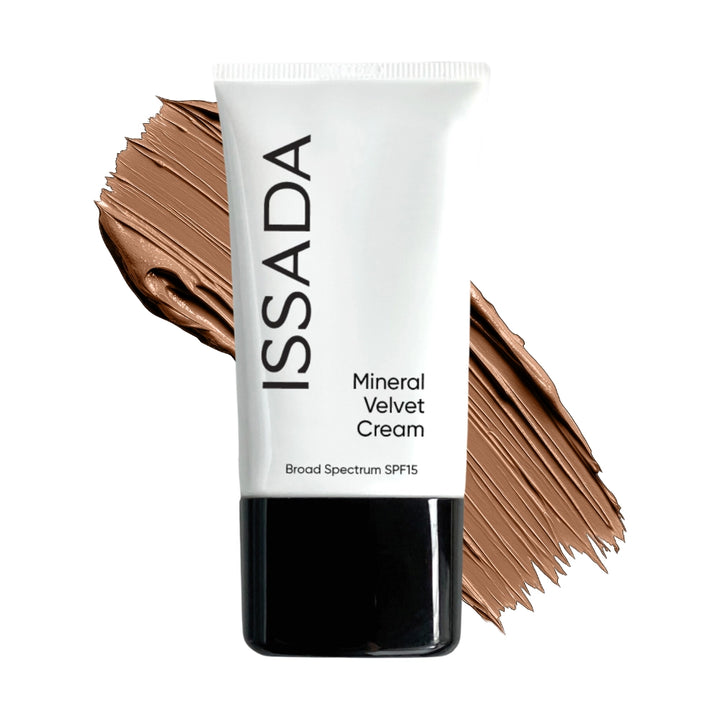 Tube of ISSADA Mineral Velvet Cream in Cairo shade with colour swatch on a white background