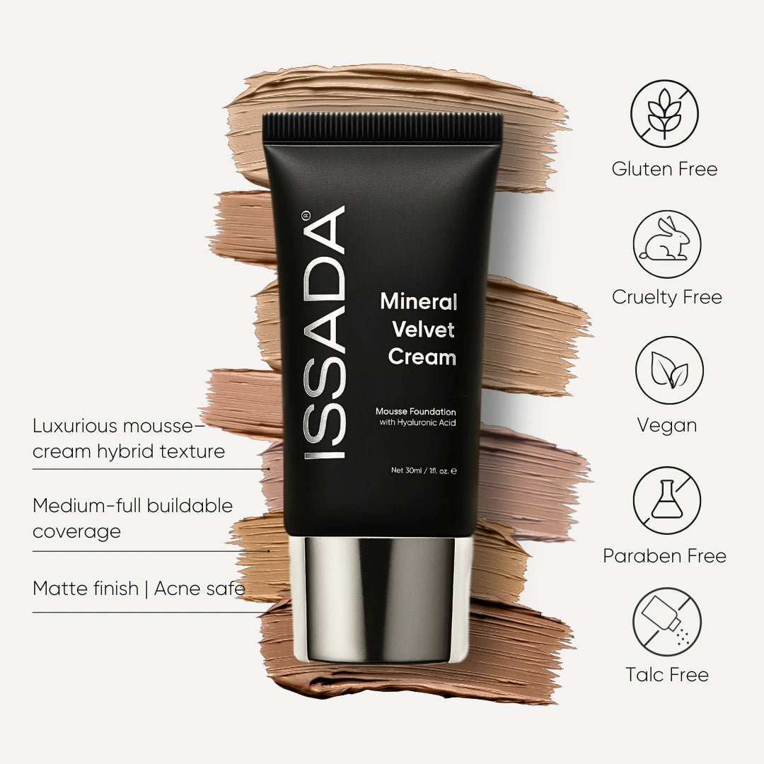 ISSADA Mineral Velvet Cream mousse foundation with swatches and vegan, cruelty-free, paraben-free, talc-free, and gluten-free icons