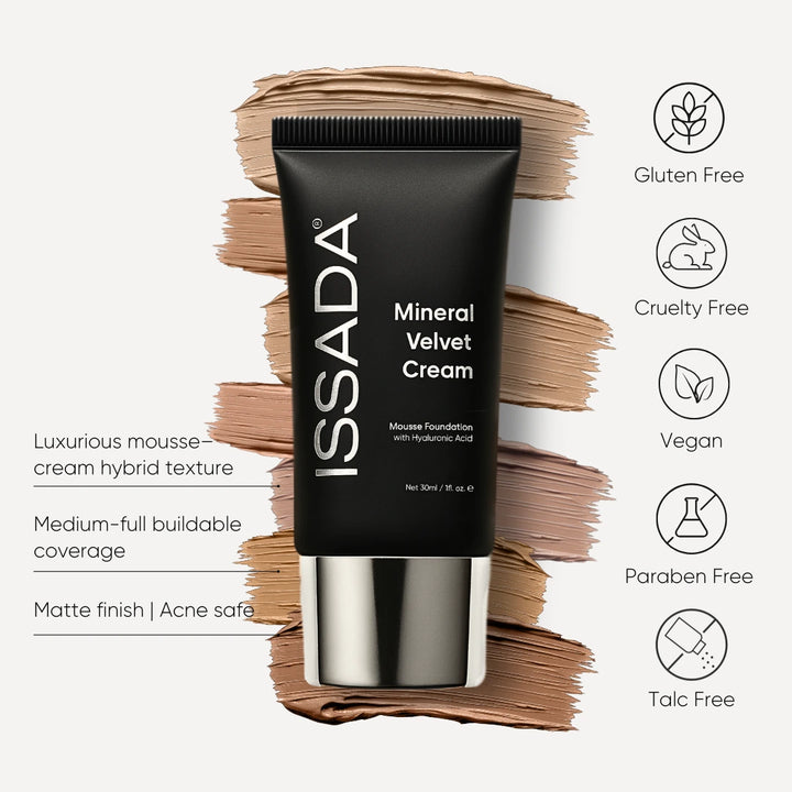 ISSADA Mineral Velvet Cream mousse foundation with swatches and vegan, cruelty-free, paraben-free, talc-free, and gluten-free icons