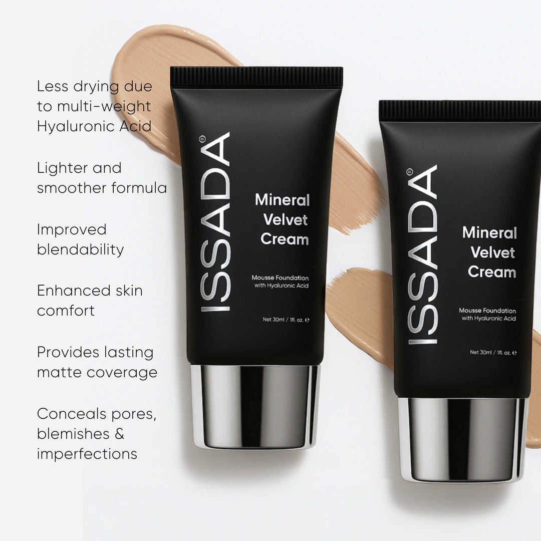 Two tubes of ISSADA Mineral Velvet Cream on a light background with text highlighting product features.