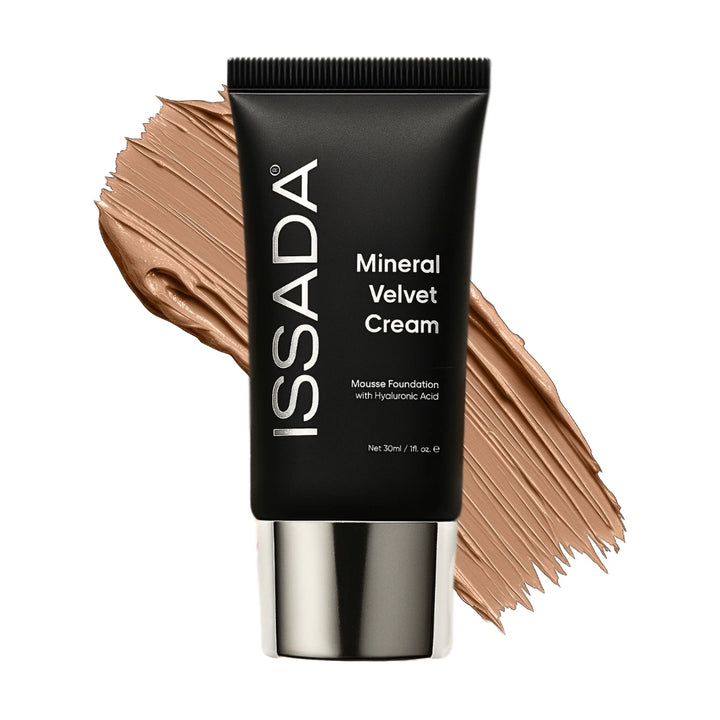 ISSADA Mineral Velvet Cream in LA shade with swatches on a white background