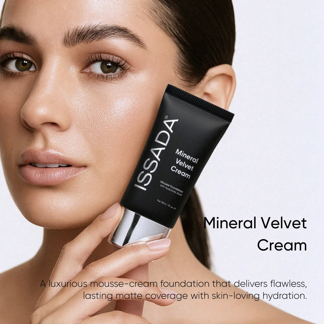 ISSADA Mineral Velvet Cream mousse foundation held next to model’s face, showing smooth matte finish and natural skin texture
