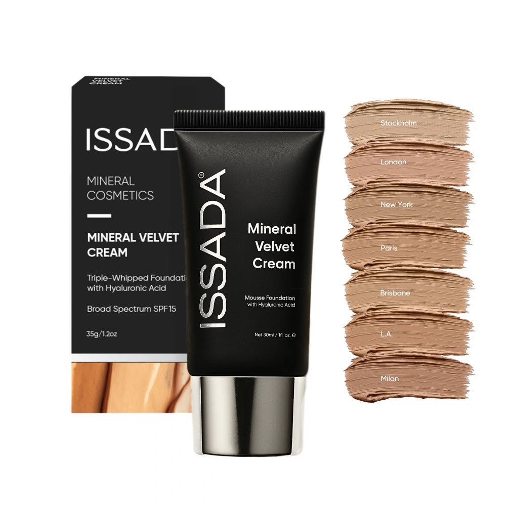 ISSADA Mineral Velvet Cream in New Formula with packaging and color swatches on a white background