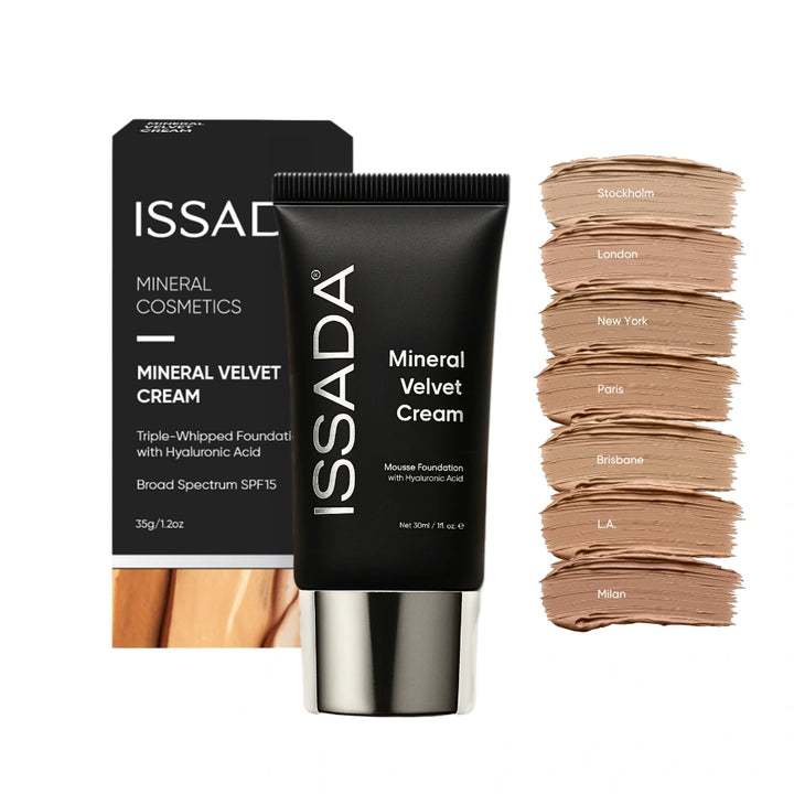 ISSADA Mineral Velvet Cream in New Formula with packaging and color swatches on a white background