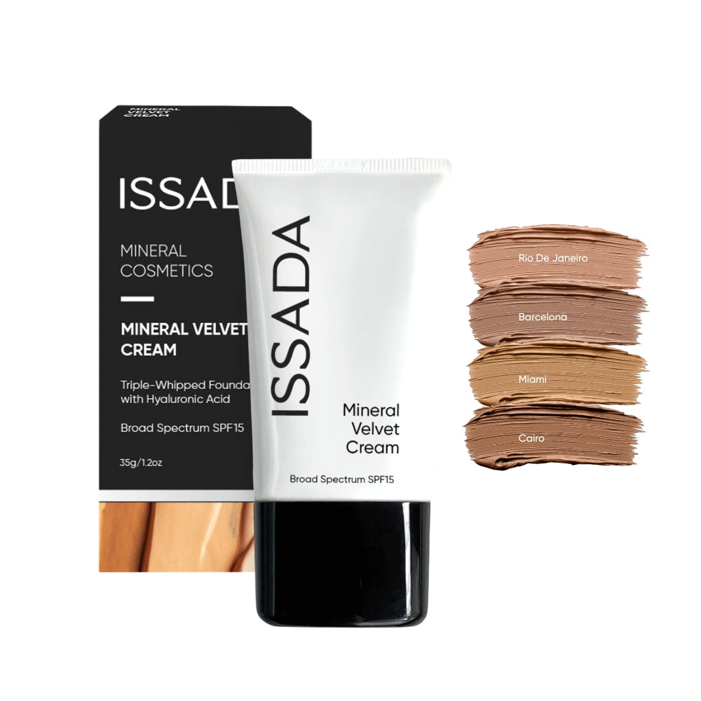 ISSADA Mineral Velvet Cream with packaging with the old formula colour swatches on a white background