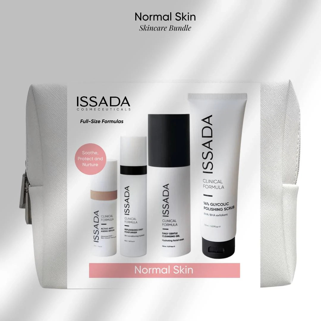 ISSADA Normal Skin Bundle with Active Anti-Ageing Serum, Replenishing Daily Moisturiser, Daily Gentle Cleanser, and 14% Glycolic Polishing Scrub inside cosmetic bag.