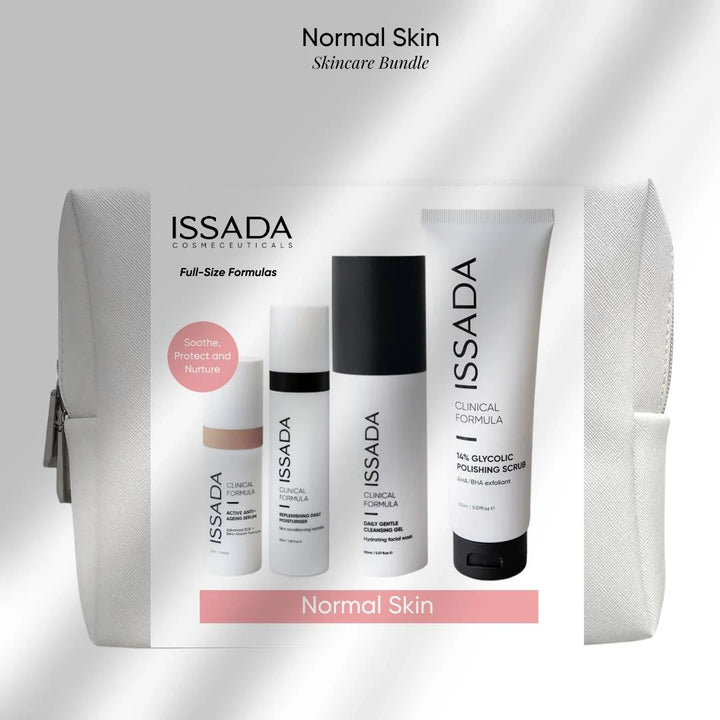 ISSADA Normal Skin Bundle with Active Anti-Ageing Serum, Replenishing Daily Moisturiser, Daily Gentle Cleanser, and 14% Glycolic Polishing Scrub inside cosmetic bag.