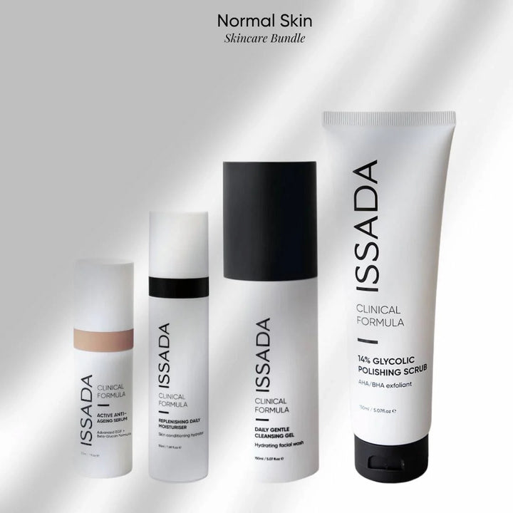 ISSADA Normal Skincare Bundle with Active Anti-Ageing Serum, Replenishing Daily Moisturiser, Daily Gentle Cleanser, and 14% Glycolic Polishing Scrub.