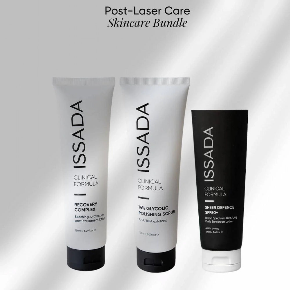 ISSADA Post Laser Care Skincare Bundle products on a gray background