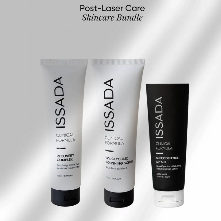 ISSADA Post Laser Care Skincare Bundle products on a gray background