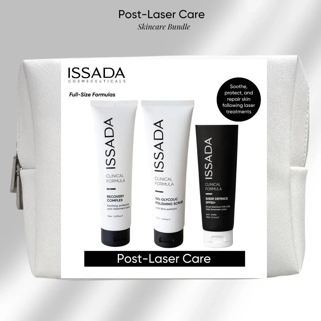 ISSADA skincare bundle for post-laser care with three bottles and a pouch on a light gray background.