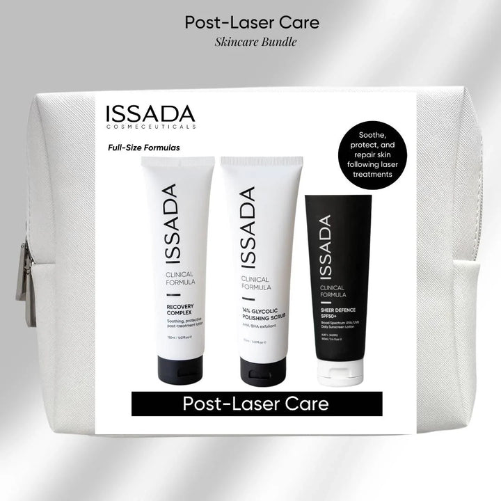 ISSADA skincare bundle for post-laser care with three bottles and a pouch on a light gray background.