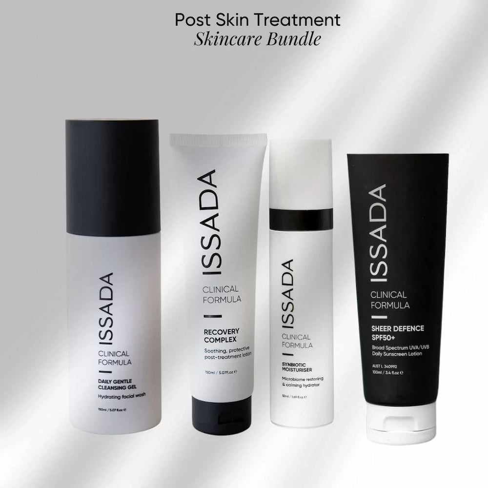 Set of ISSADA Post Skin Treatment skincare bundle on a light grey background