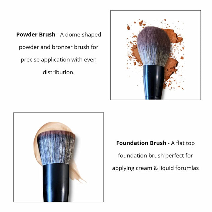 Issada Powder and Foundation Brush Guide showing dome-shaped powder brush for bronzer and flat top foundation brush for cream and liquid formulas.