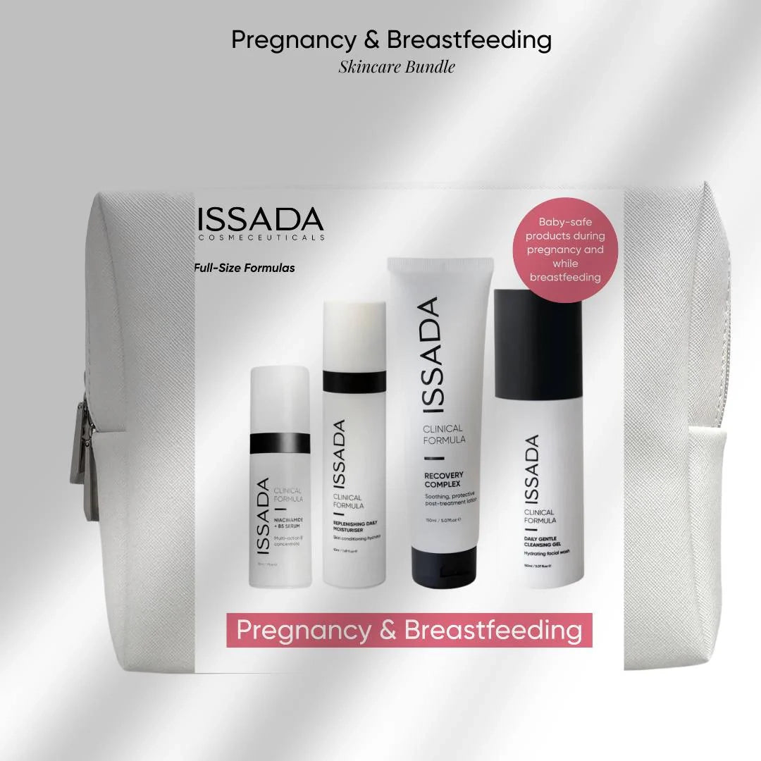ISSADA skincare products for pregnancy and breastfeeding with a carrying case on a light gray background.