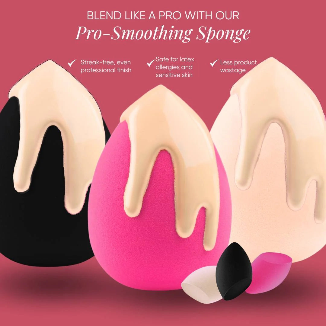 Issada Pro-Smoothing Makeup Sponges in black, pink, and nude with liquid foundation, designed for streak-free blending, sensitive skin, and minimal product waste.