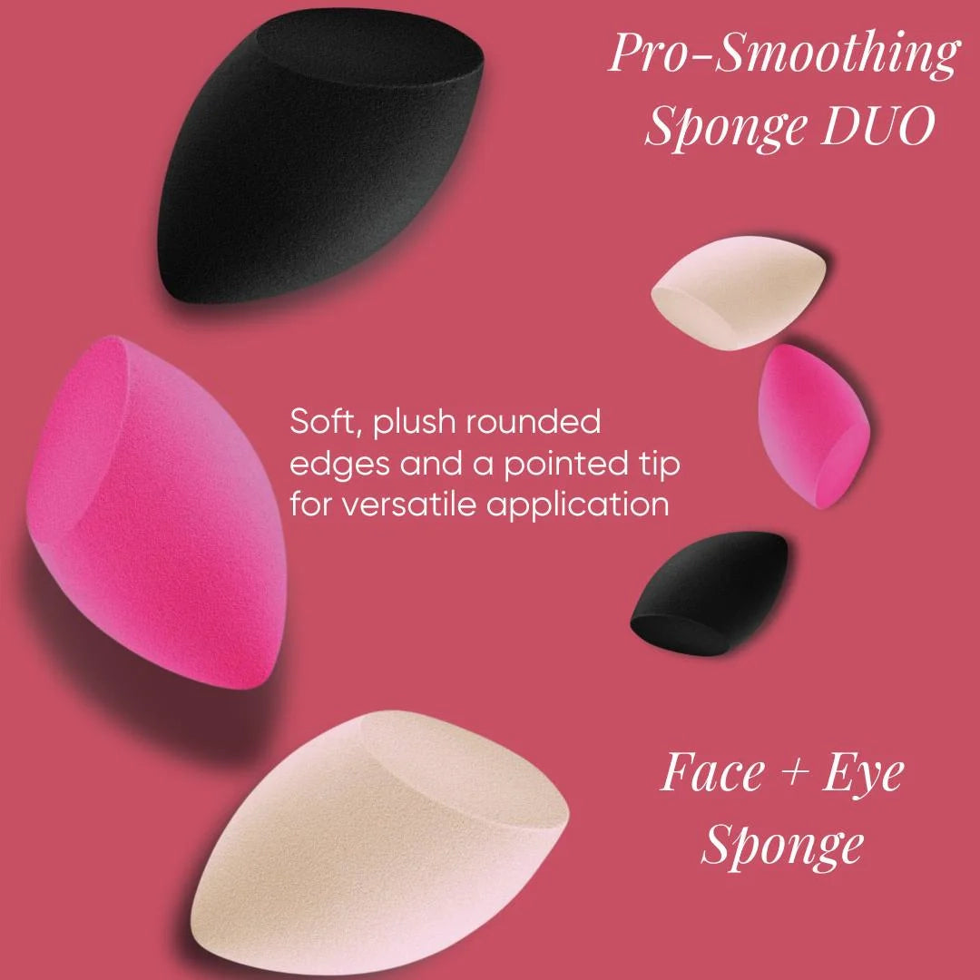 Issada Pro-Smoothing Sponge Duo set with black, pink, and nude beauty blenders for face and eye makeup, designed with soft rounded edges and pointed tips.