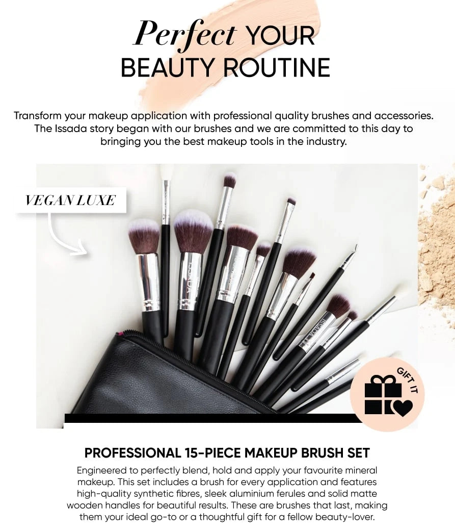 Issada Professional 15-piece vegan makeup brush set with luxe black handles and pouch, designed for blending, contouring, and flawless mineral makeup application.