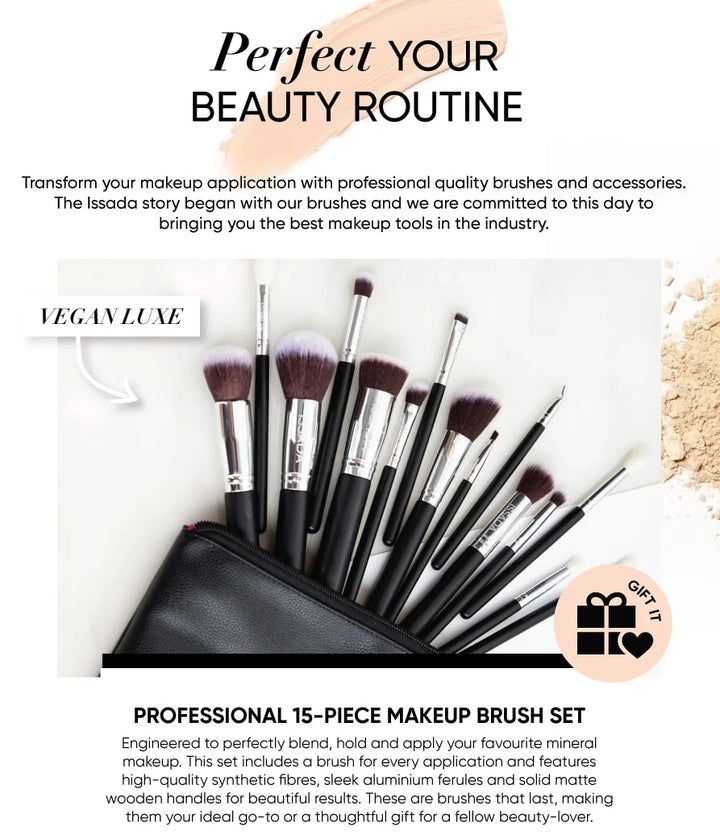Issada Professional 15-piece vegan makeup brush set with luxe black handles and pouch, designed for blending, contouring, and flawless mineral makeup application.