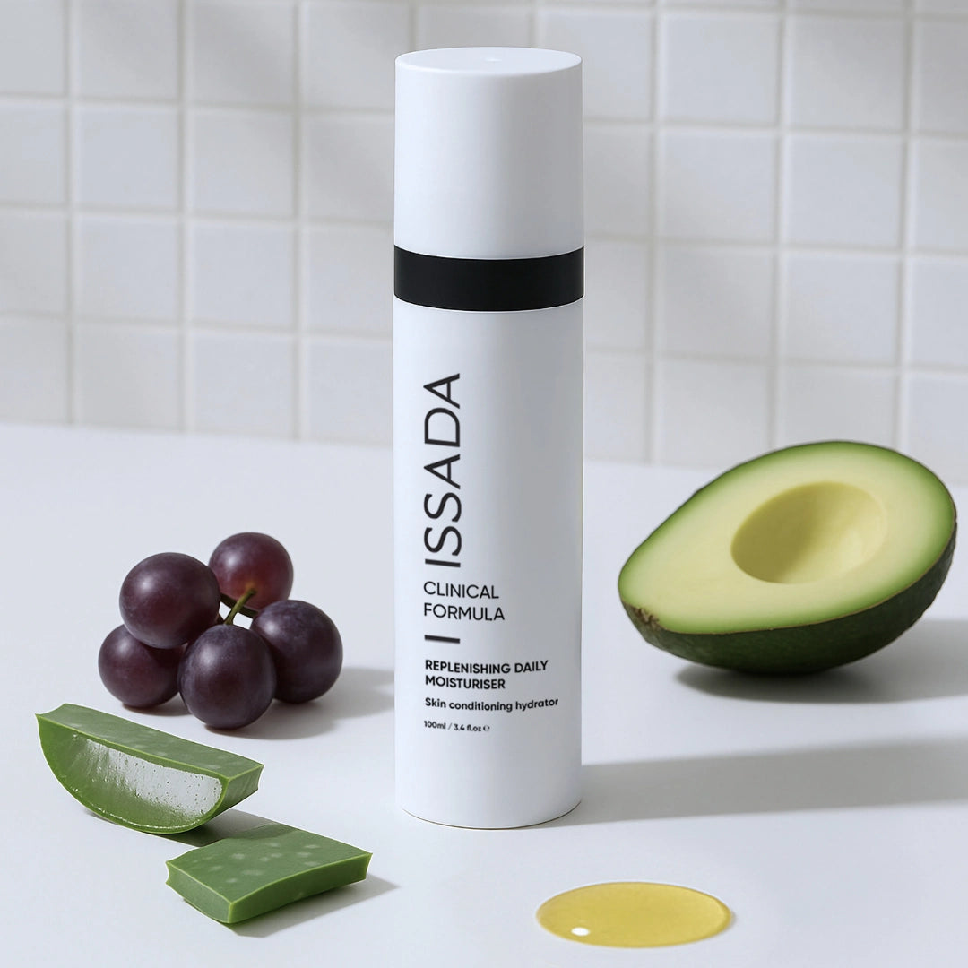 ISSADA Replenishing Daily Moisturiser bottle with avocado, grapes, aloe vera and a golden oil drop on a white surface.