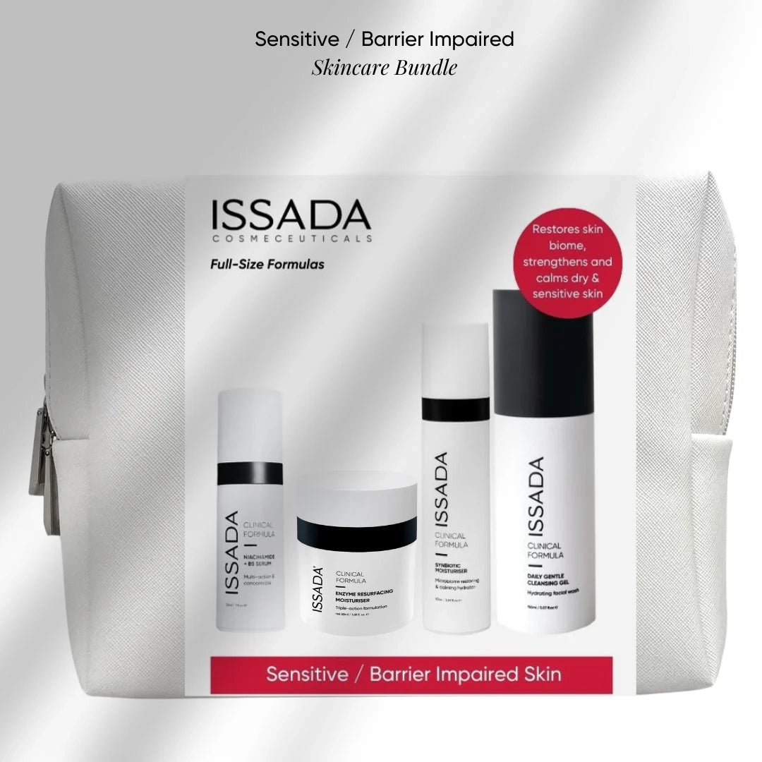 ISSADA skincare bundle with products and a bag on a light gray background