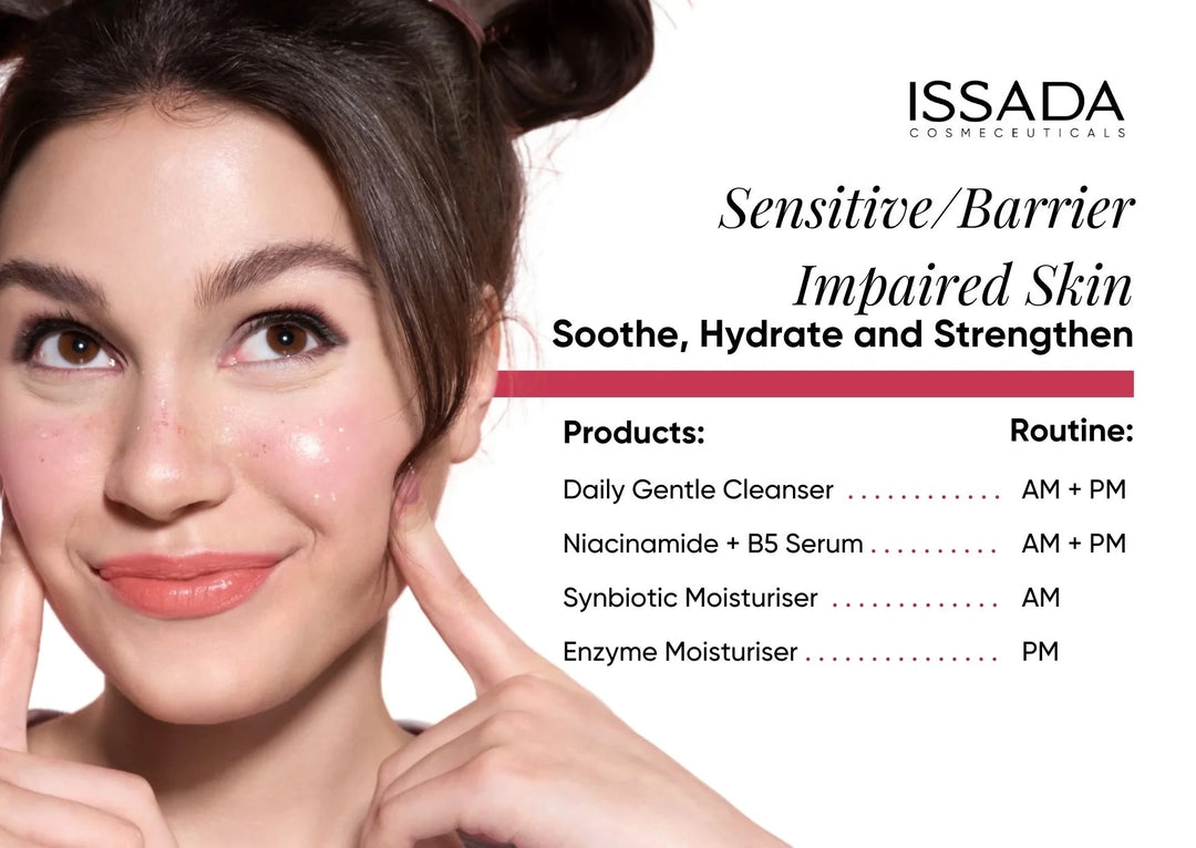 Woman with clear skin pointing to her face, with ISSADA skincare routine on a white background