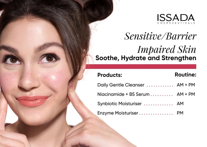Woman with clear skin pointing to her face, with ISSADA skincare routine on a white background