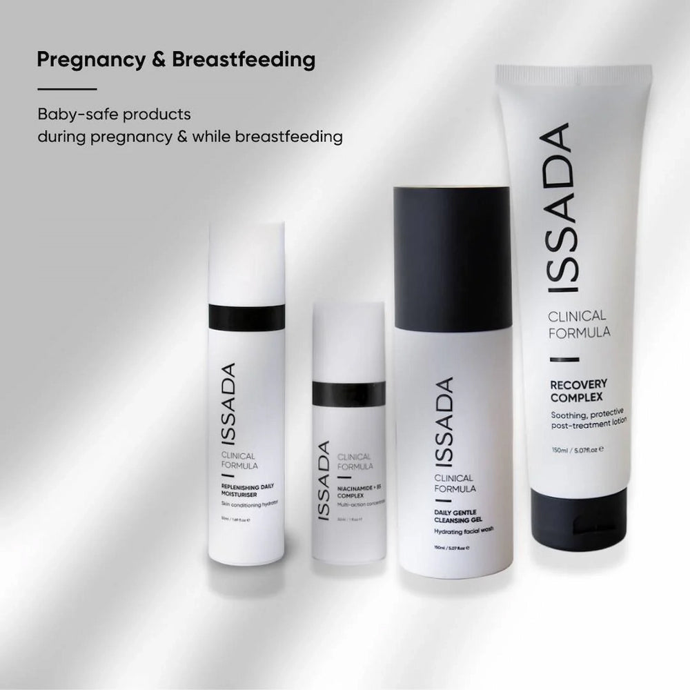 ISSADA skincare products for pregnancy and breastfeeding on a white background