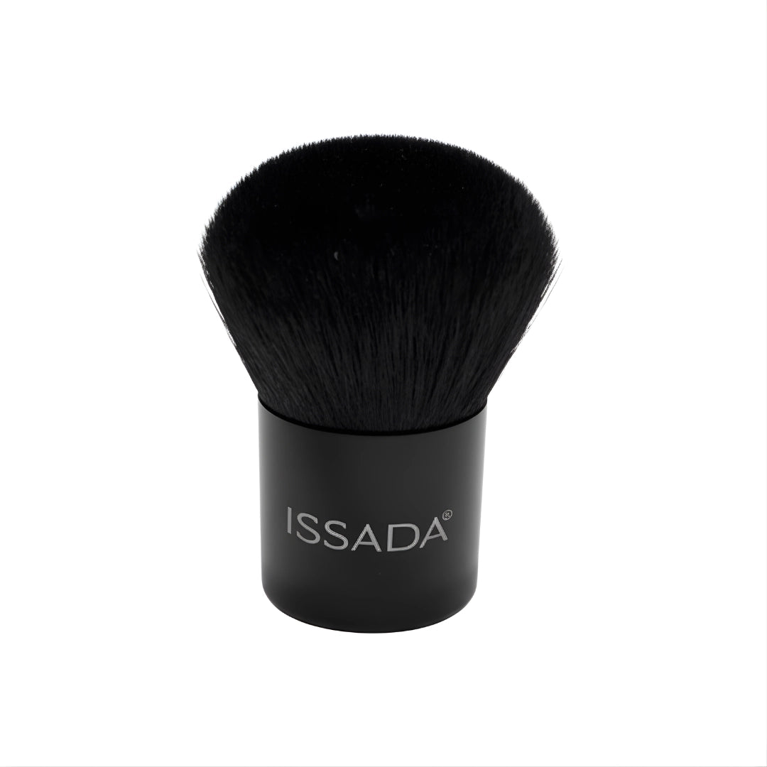 ISSADA small vegan kabuki makeup brush with compact black bristles and matte black handle on white background