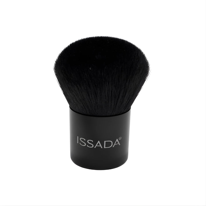 ISSADA small vegan kabuki makeup brush with compact black bristles and matte black handle on white background