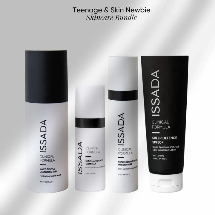 Set of ISSADA skincare products for teenagers and skin newbie on a gray background
